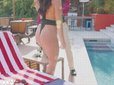 Angela White in thong bikini takes his hand and walks from pool gif