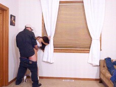 Mandy Flores fucked against a wall while buddy is asleep on couch gif