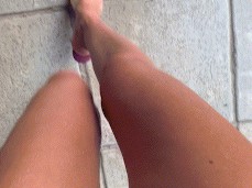 POV walking in platform high heels and tiny purple g-string gif