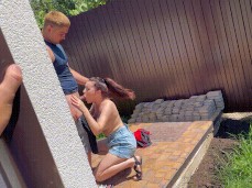 Lana Roulette sucking dick in the backyard gif