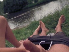 Jerking Czech Hunter's big, fat, uncut cock outdoor 0643 1 handjob gif