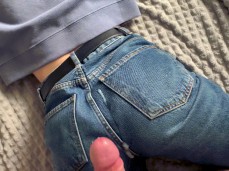 Cute cumshot onto girl's sexy denim jeans gif