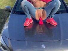 Blonde teen Pragmaticaxxx rides dildo on her car next to puplic street gif