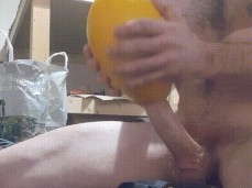 Horny teen fucks honey dew melon and made the hole way to small haha gif